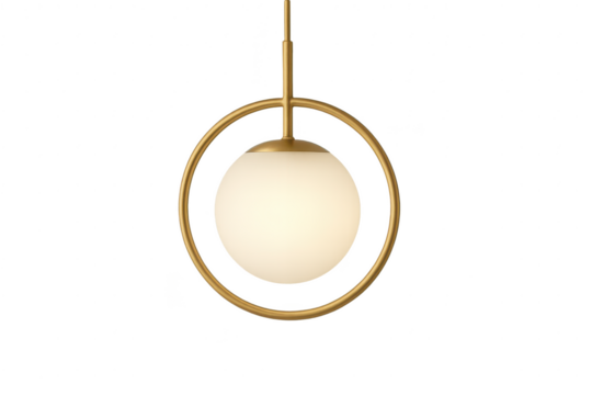Modern golden pendant light with spherical shade isolated on transparent background