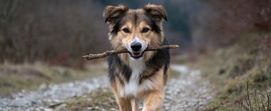 Joyful dog running outdoors proudly clutching a stick in its mouth