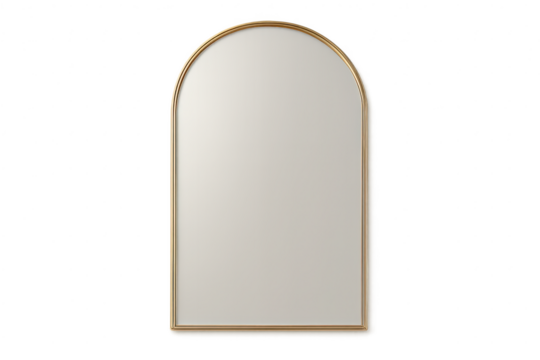 Elegant arched mirror with golden frame, isolated on transparent background.