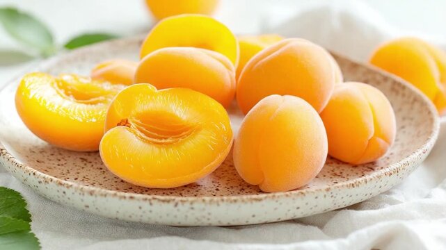 Golden Apricots: A close-up showcases a collection of vibrant apricots, some whole and others halved, artfully arranged on a rustic plate. Perfect for culinary projects or a still-life arrangement.