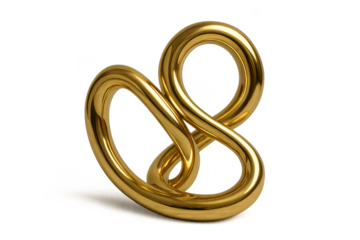 Golden metallic abstract intertwined sculpture isolated on transparent background, sleek