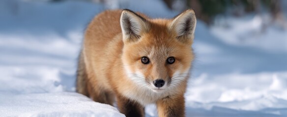 Naklejka premium A fox kit happily checking out the snowy landscape and frosty terrain.