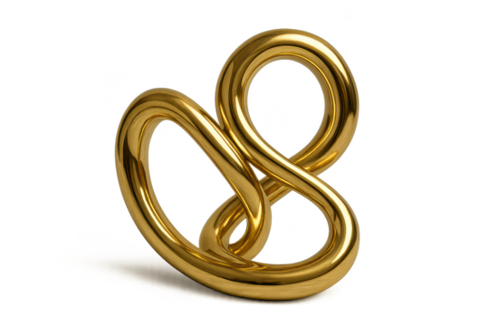 Golden metallic abstract intertwined sculpture isolated on transparent background, sleek