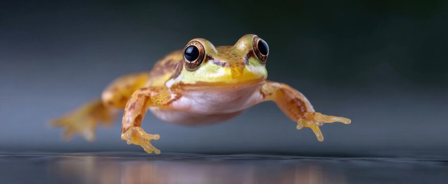 Frog leaps with extended legs above a smooth reflective surface.