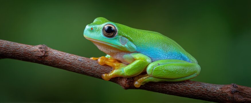 Frog clutching thin woody branch in bright lush green backdrop.