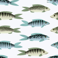 Colorful sea fish pattern with tropical underwater animals in vibrant vector seamless design