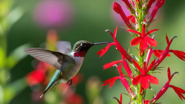 Ruby throated hummingbird feeding on vibrant red cardinal flower nectar in sunlit garden macro shot