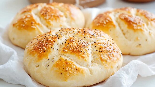Artisan Bread Rolls: A tempting close-up showcases a trio of freshly baked bread rolls, adorned with a delicate scattering of seeds. Each roll boasts a golden-brown crust and a soft.