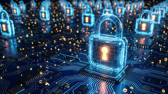 Glowing digital padlock standing on a futuristic circuit board illustrating cybersecurity and data encryption.