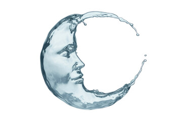 A serene female face, exquisitely sculpted from clear blue water splashes, forming a dynamic crescent moon shape, symbolizing purity and fluidity. background removed