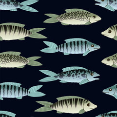 Colorful sea fish pattern with tropical underwater animals in vibrant vector seamless design