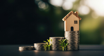 House Model on Stacked Coins Representing Real Estate Investment