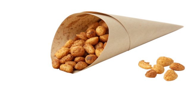 Enjoy crunchy coated peanuts spilling from a paper cone, a savory snack ready to be devoured, perfect for game day gatherings or a delicious treat anytime