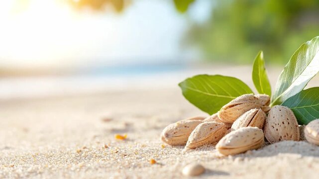 Golden Almonds on Sandy Shores: A sun-kissed collection of almonds rests gracefully on a bed of fine sand, their textured shells inviting. Delicate green leaves provide a touch of freshness.
