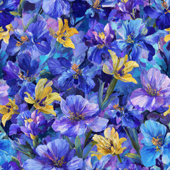 A vibrant seamless floral pattern featuring an artistic arrangement of Deep Blue, Electric Blue, and Goldenrod Yellow blossoms, expertly rendered with painterly brushstrokes perfect for use in adobe p