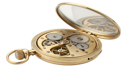 Elegant golden pocket watch showing intricate gears, perfect for time management concepts, historical references, and precision engineering designs with timeless appeal