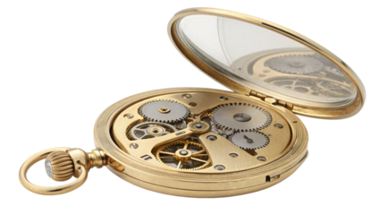 Elegant golden pocket watch showing intricate gears, perfect for time management concepts, historical references, and precision engineering designs with timeless appeal
