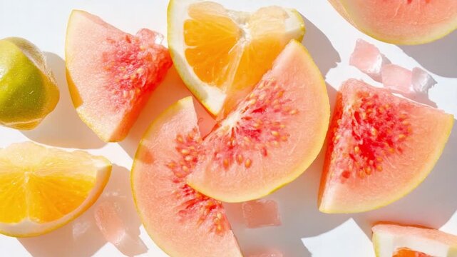 Tropical Fruit Slices: A vibrant collection of fresh, juicy fruit slices, meticulously arranged to showcase a colorful display of natural sweetness and invigorating flavors.