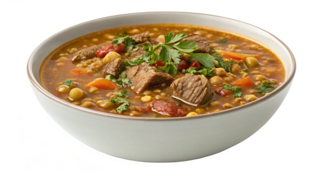 Warm flavorful Moroccan harira soup with chickpeas, lentils and meat offering comfort and nourishment, perfect for food blogs and culinary promotions