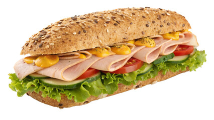 Delicious turkey sub sandwich overflowing with fresh lettuce, sliced tomatoes, cucumbers, and tangy mustard on multigrain bread for a healthy lunch option