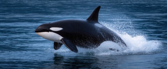 Fototapeta premium Orca whale powerfully breaching vibrant ocean waves with dynamic graceful motion