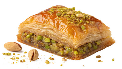 Indulge in a piece of delicious, flaky baklava filled with pistachios and nuts, a traditional Middle Eastern dessert perfect for satisfying your sweet tooth
