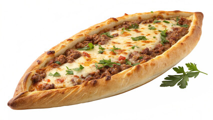 Delicious Turkish Pide with Ground Meat and Melted Cheese Ready to Eat, Authentic Cuisine for a Satisfying Meal, Perfect for Food Blogs and Restaurant Menus