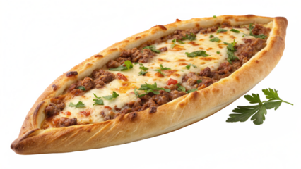Delicious Turkish Pide with Ground Meat and Melted Cheese Ready to Eat, Authentic Cuisine for a Satisfying Meal, Perfect for Food Blogs and Restaurant Menus