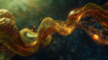 Dynamic golden kiwi fruit energy flow concept art