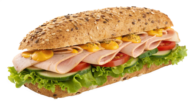 Delicious turkey sub sandwich overflowing with fresh lettuce, sliced tomatoes, cucumbers, and tangy mustard on multigrain bread for a healthy lunch option