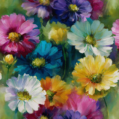 A captivating artwork featuring Vibrant Pink, Golden Yellow, and Sky Blue blossoms, meticulously rendered with rich brushstrokes and perfected for digital projects in adobe photoshop.