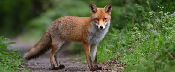 Naklejka premium Curious red fox carefully sniffing fresh scent along a quiet woodland path