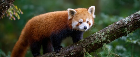 Fototapeta premium Red panda scrambling up a tree limb in a natural woodland setting