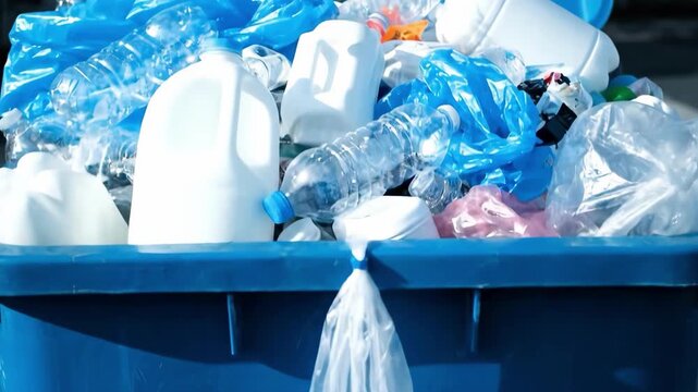 Overflowing Blue Recycling Bin with Plastic Bottles and Bags.