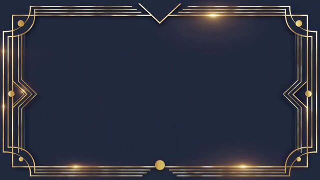 Art deco golden geometric frame on a deep navy background with elegant symmetrical lines and a subtle shimmering light traveling along the edges, leaving a clean center space for luxury branding.