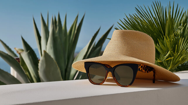 Summer background with straw sun hat and tortoise-shell sunglasses, spiky agave and palm leaves against blue. Holiday, travel, relaxation, luxury vacation - Powered by Adobe