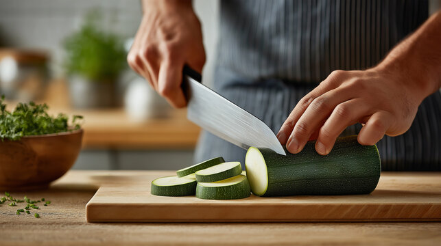 Close-up chef slicing fresh green zucchini with sharp knife on wooden cutting board in kitchen setting. Cooking, healthy eating, recipe concept.