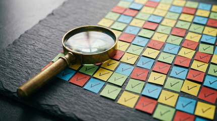 Magnifying glass examining a grid of colorful paper notes with handwritten checkmarks on a dark background, symbolizing quality control, election voting, and data verification concepts.