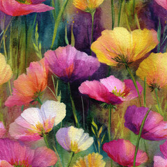 Vibrant watercolor poppies, bursting with Fuchsia Pink and Golden Yellow petals against a Deep Violet backdrop, showcasing exquisite floral art techniques perfect for adobe photoshop projects.