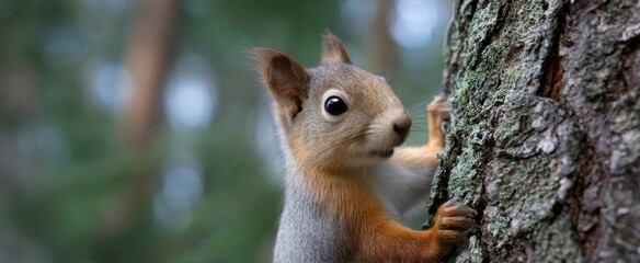 Fototapeta premium Squirrel ascending rough bark within its natural forest habitat.