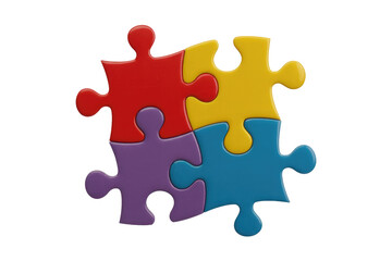 Four vibrant puzzle pieces, red, yellow, purple, and blue, perfectly interlocked, symbolizing unity, teamwork, and problem-solving on a transparent background. background removed