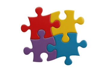 Four vibrant puzzle pieces, red, yellow, purple, and blue, perfectly interlocked, symbolizing unity, teamwork, and problem-solving on a transparent background. background removed
