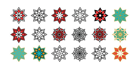 A clean geometric Islamic star rosette mandala pattern icon set featuring bold line art and red accent variations for decorative vector design.