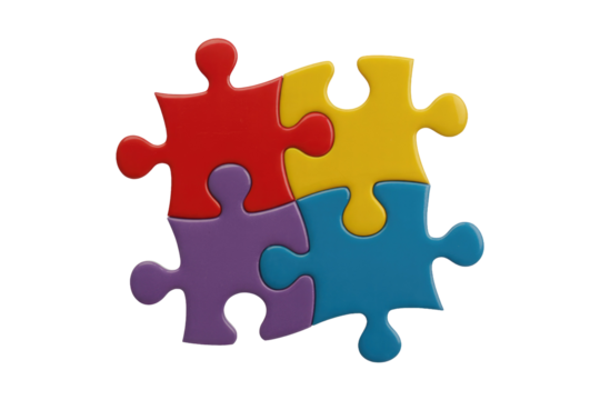 Four vibrant puzzle pieces, red, yellow, purple, and blue, perfectly interlocked, symbolizing unity, teamwork, and problem-solving on a transparent background. background removed