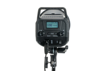Front view of a studio light control panel with LCD, isolated on white. Display shows settings and color temperature for continuous photo lighting.