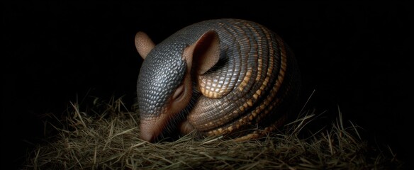 Fototapeta premium The armadillo curled up compactly adopting a defensive posture.