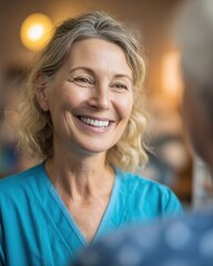 Smiling female caregiver in scrubs interacting warmly with patient in a cozy healthcare setting