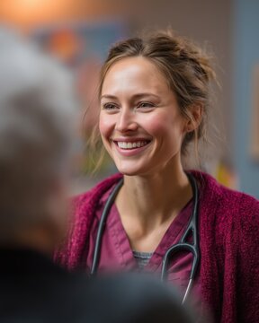 Smiling healthcare professional engaging with elderly patient in warm and caring environment