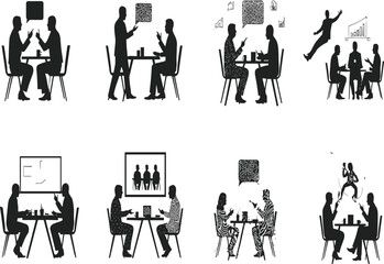 Conversation silhouette set, seated table meeting icons, business interaction vector bundle, graphic communication design pack with speech elements