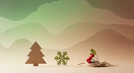 Minimalist Christmas holiday scene with paper tree, green snowflake, and red berries on twine against a soft gradient background